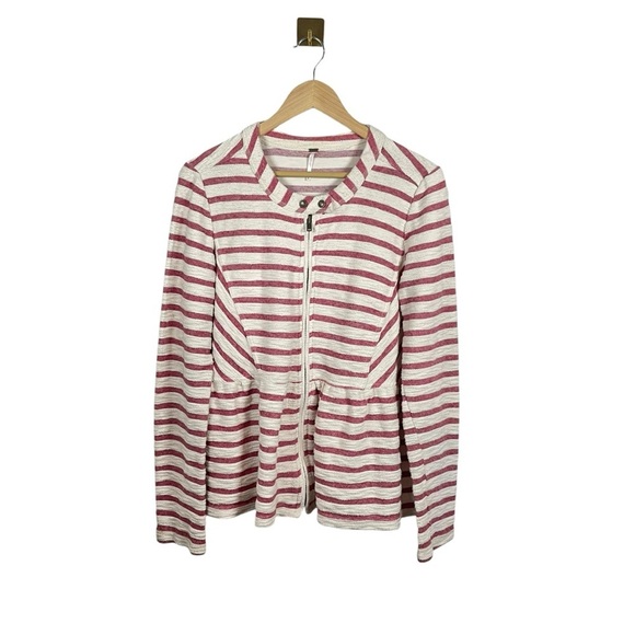 Free People Full Zip Peplum Striped Tweed Jacket in Ivory/Red Size M - Picture 8 of 13